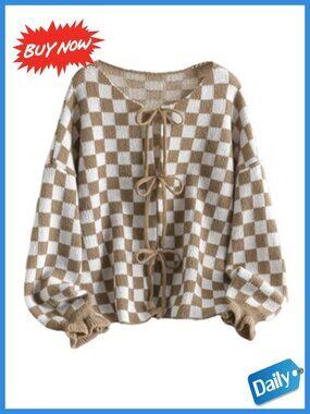 Plus Size Plaid Cardigan Crew Neck Long Sleeve Lightweight 100% Acrylic Sweater